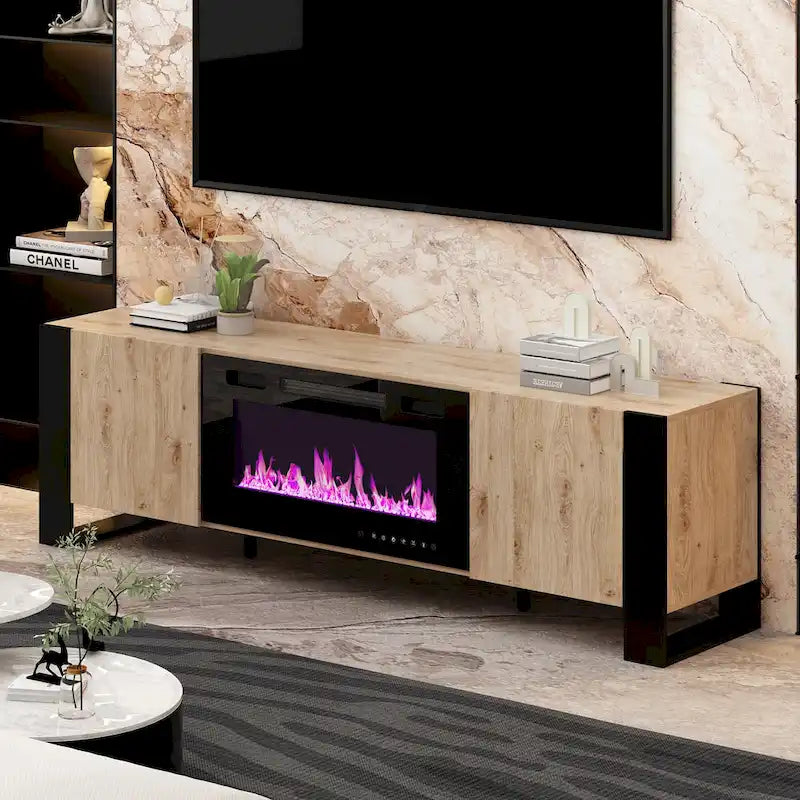 68.9-Inch Wood Grain TV Stand with Optional Electric Fireplace Insert & Cable Management