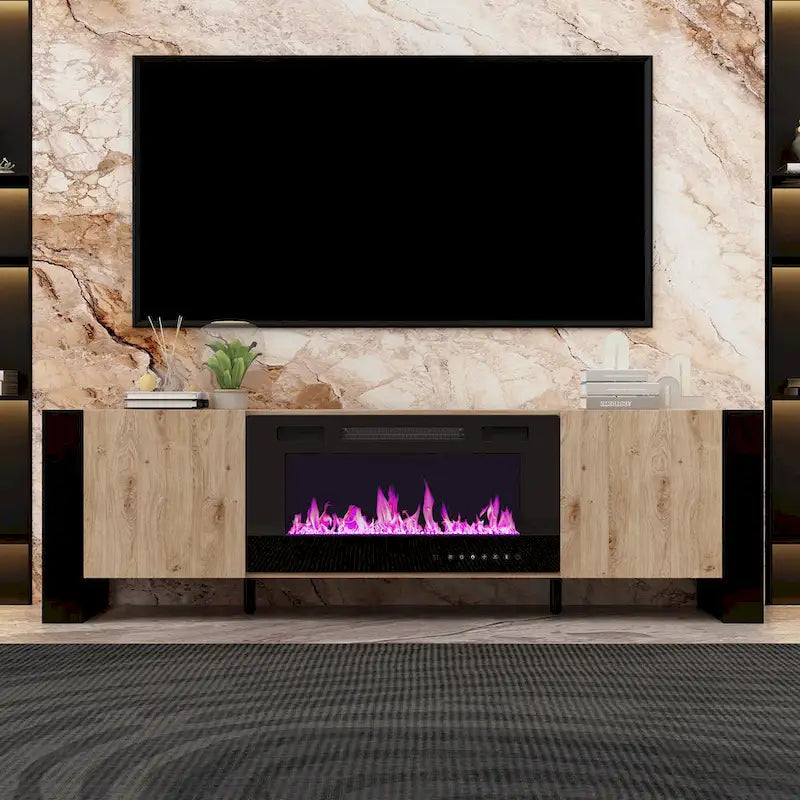 68.9-Inch Wood Grain TV Stand with Optional Electric Fireplace Insert & Cable Management