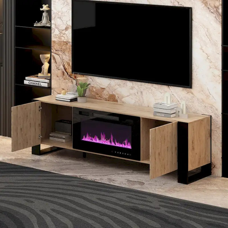 68.9-Inch Wood Grain TV Stand with Optional Electric Fireplace Insert & Cable Management