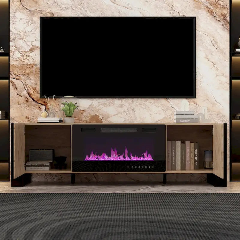 68.9-Inch Wood Grain TV Stand with Optional Electric Fireplace Insert & Cable Management