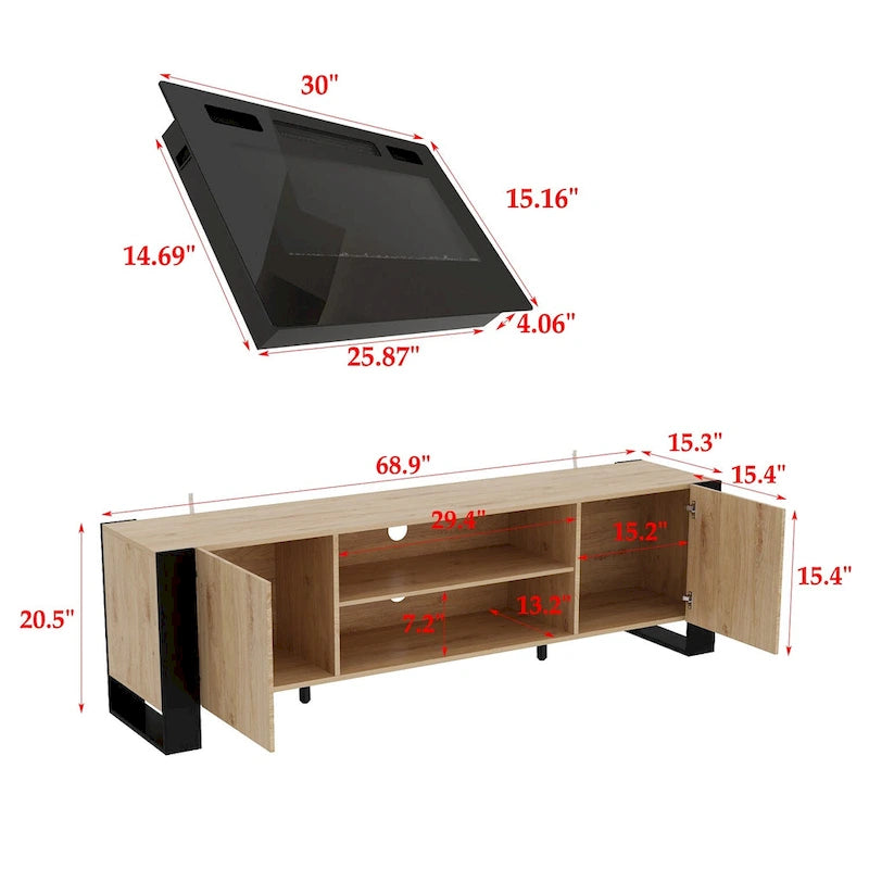 68.9-Inch Wood Grain TV Stand with Optional Electric Fireplace Insert & Cable Management