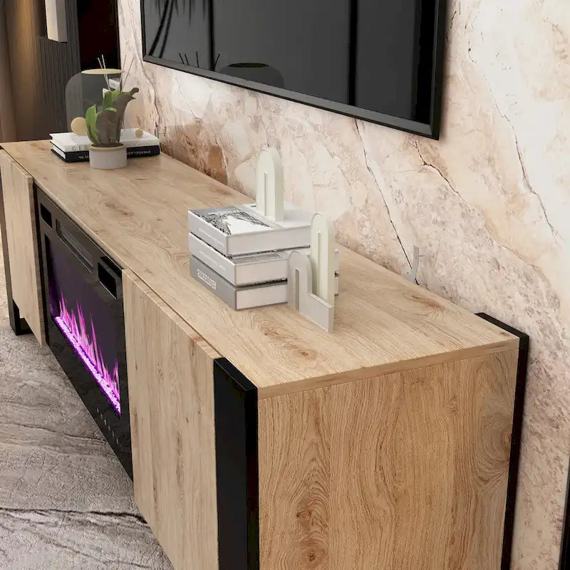 68.9-Inch Wood Grain TV Stand with Optional Electric Fireplace Insert & Cable Management