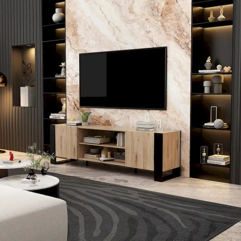 68.9-Inch Wood Grain TV Stand with Optional Electric Fireplace Insert & Cable Management
