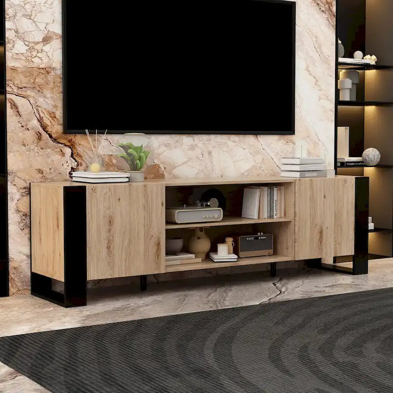 68.9-Inch Wood Grain TV Stand with Optional Electric Fireplace Insert & Cable Management