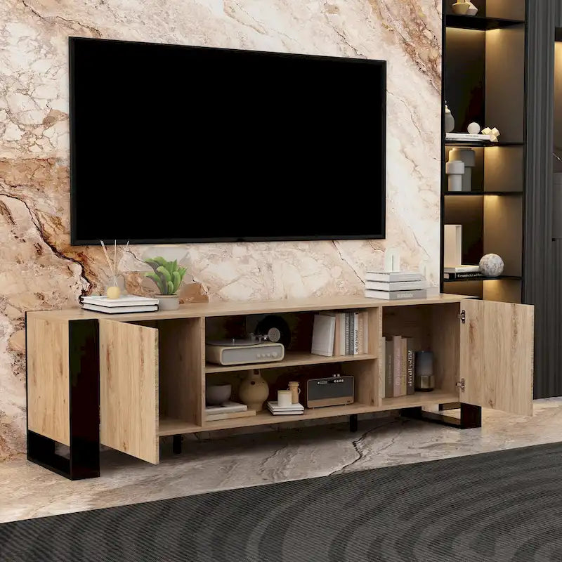68.9-Inch Wood Grain TV Stand with Optional Electric Fireplace Insert & Cable Management