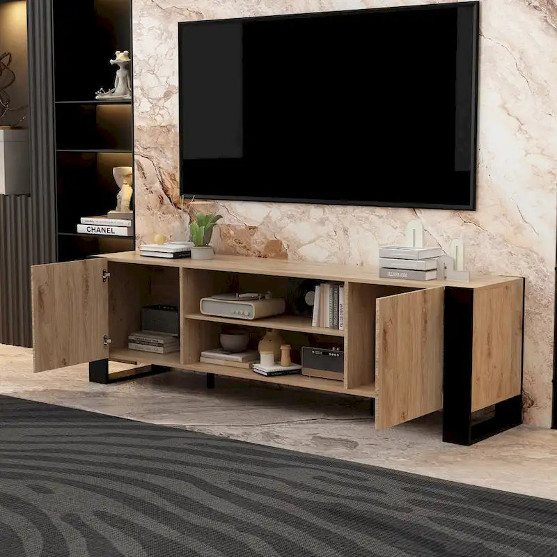 68.9-Inch Wood Grain TV Stand with Optional Electric Fireplace Insert & Cable Management