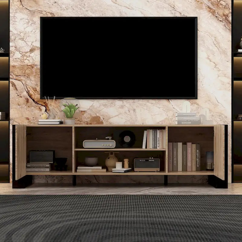 68.9-Inch Wood Grain TV Stand with Optional Electric Fireplace Insert & Cable Management