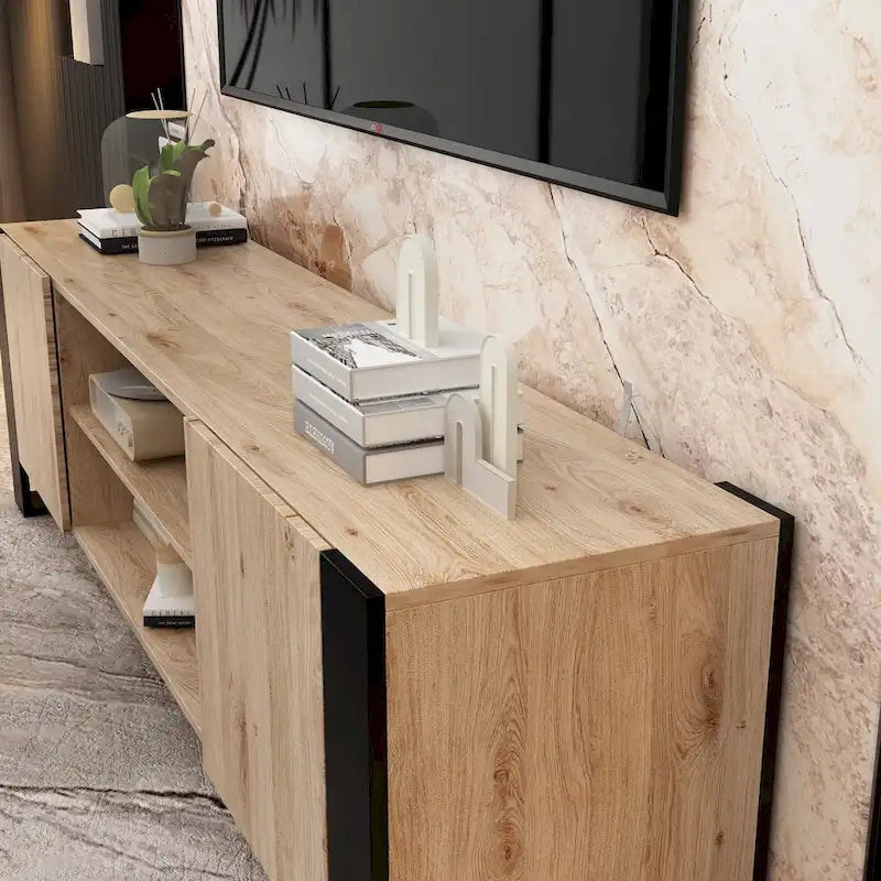 68.9-Inch Wood Grain TV Stand with Optional Electric Fireplace Insert & Cable Management