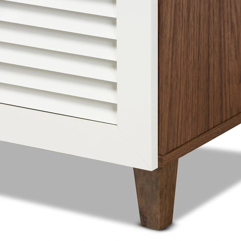 4-Shelf Shoe Cabinet with Slatted Doors & Drawer, Walnut & White Two-Tone Finish