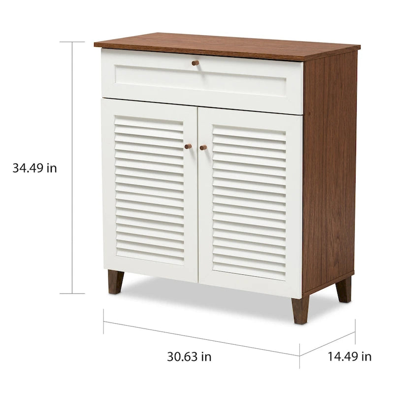 4-Shelf Shoe Cabinet with Slatted Doors & Drawer, Walnut & White Two-Tone Finish