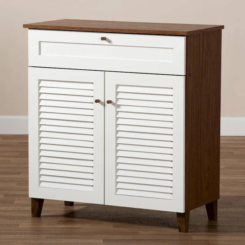 4-Shelf Shoe Cabinet with Slatted Doors & Drawer, Walnut & White Two-Tone Finish