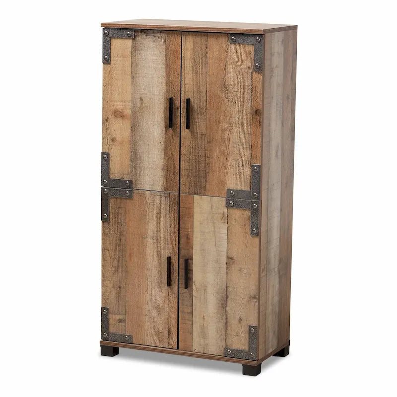 Rustic 4-Door Shoe Cabinet with 6 Shelves, Oak Brown Finish & Metal Hardware