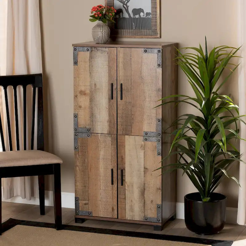 Rustic 4-Door Shoe Cabinet with 6 Shelves, Oak Brown Finish & Metal Hardware