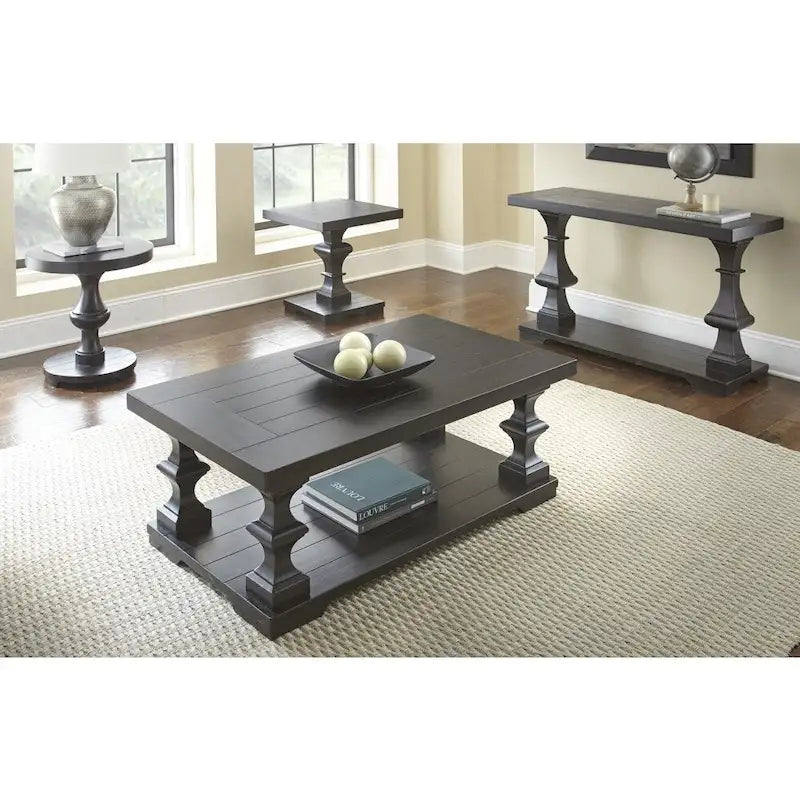 Bi-Level Traditional Coffee Table with Ornate Pillar Legs – Ebony Finish