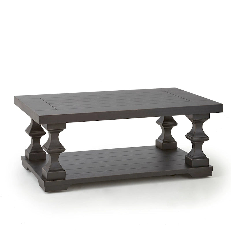 Bi-Level Traditional Coffee Table with Ornate Pillar Legs – Ebony Finish