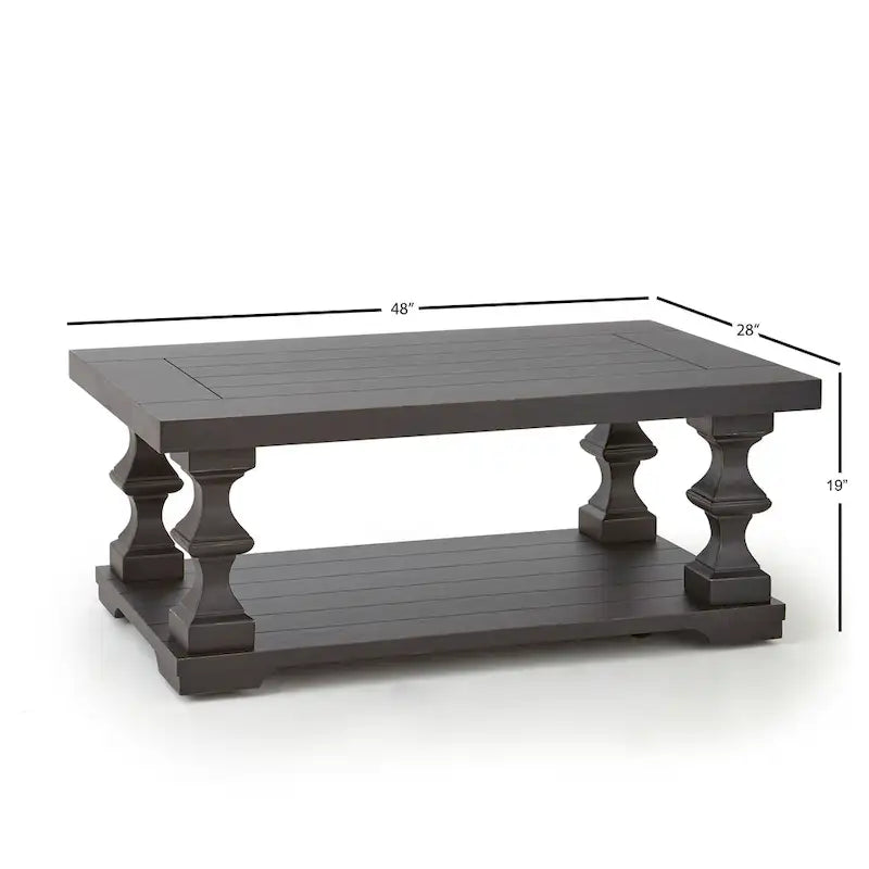 Bi-Level Traditional Coffee Table with Ornate Pillar Legs – Ebony Finish