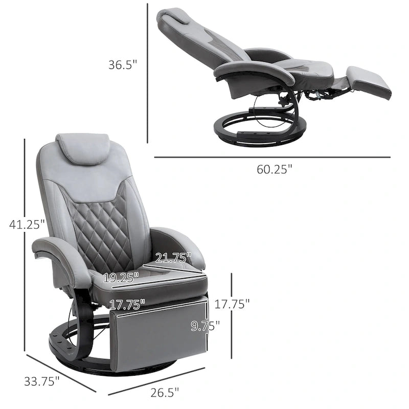 PU Leather Recliner Armchair with Footrest, Headrest & 360° Swivel Base for Living Room or Office