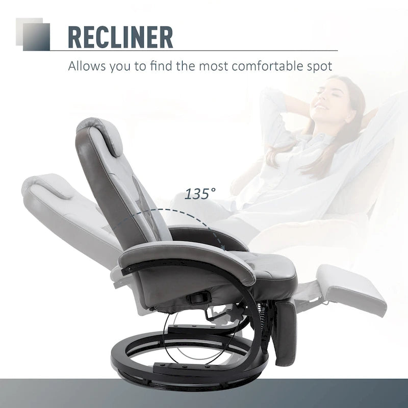 PU Leather Recliner Armchair with Footrest, Headrest & 360° Swivel Base for Living Room or Office