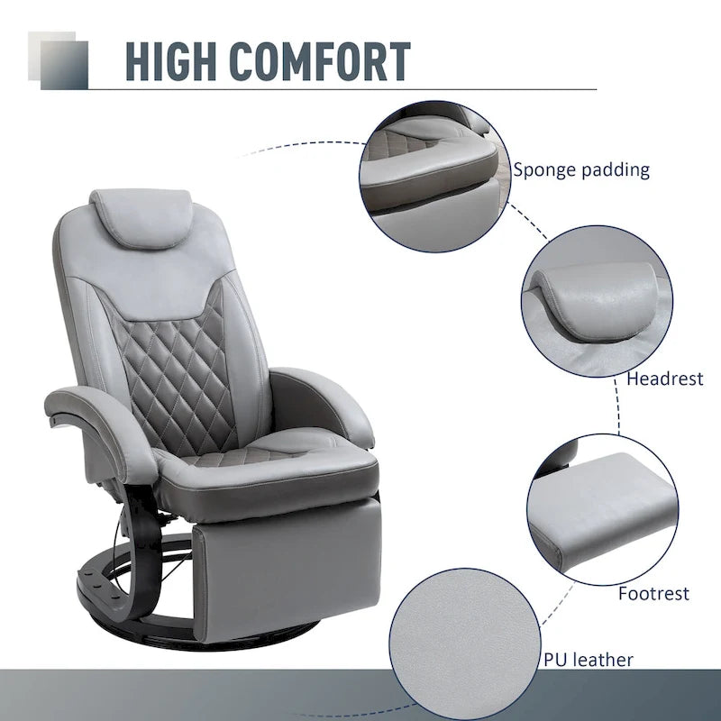 PU Leather Recliner Armchair with Footrest, Headrest & 360° Swivel Base for Living Room or Office