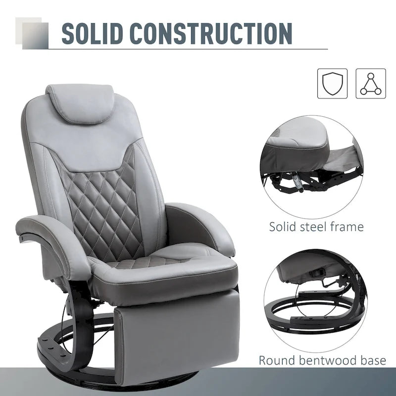 PU Leather Recliner Armchair with Footrest, Headrest & 360° Swivel Base for Living Room or Office