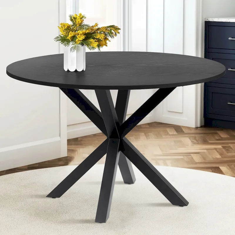 39.4-Inch Round Dining Table with Oak Grain Top & Matte Black Sculptural Pedestal Base