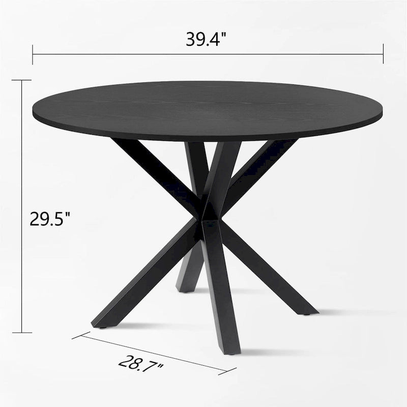 39.4-Inch Round Dining Table with Oak Grain Top & Matte Black Sculptural Pedestal Base