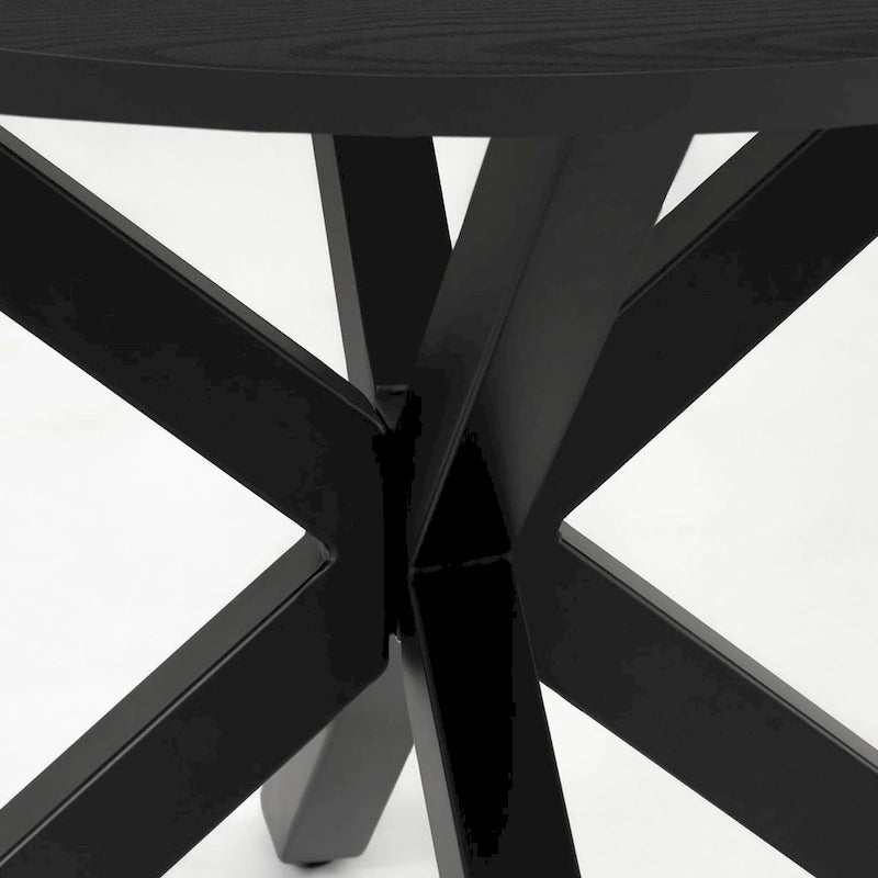 39.4-Inch Round Dining Table with Oak Grain Top & Matte Black Sculptural Pedestal Base