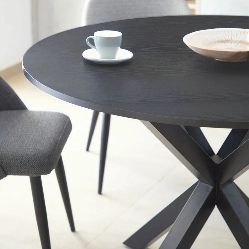 39.4-Inch Round Dining Table with Oak Grain Top & Matte Black Sculptural Pedestal Base