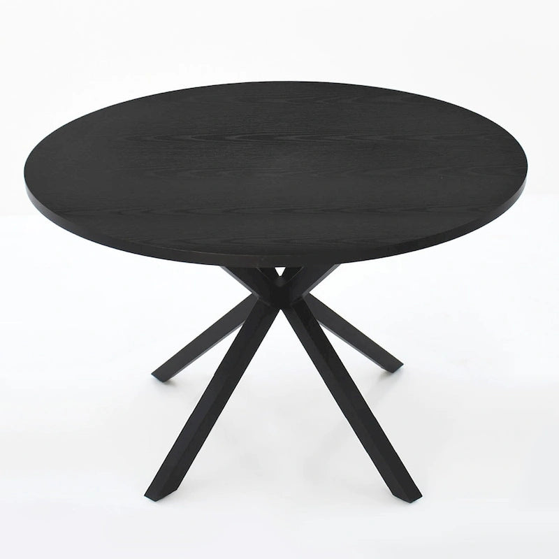 39.4-Inch Round Dining Table with Oak Grain Top & Matte Black Sculptural Pedestal Base