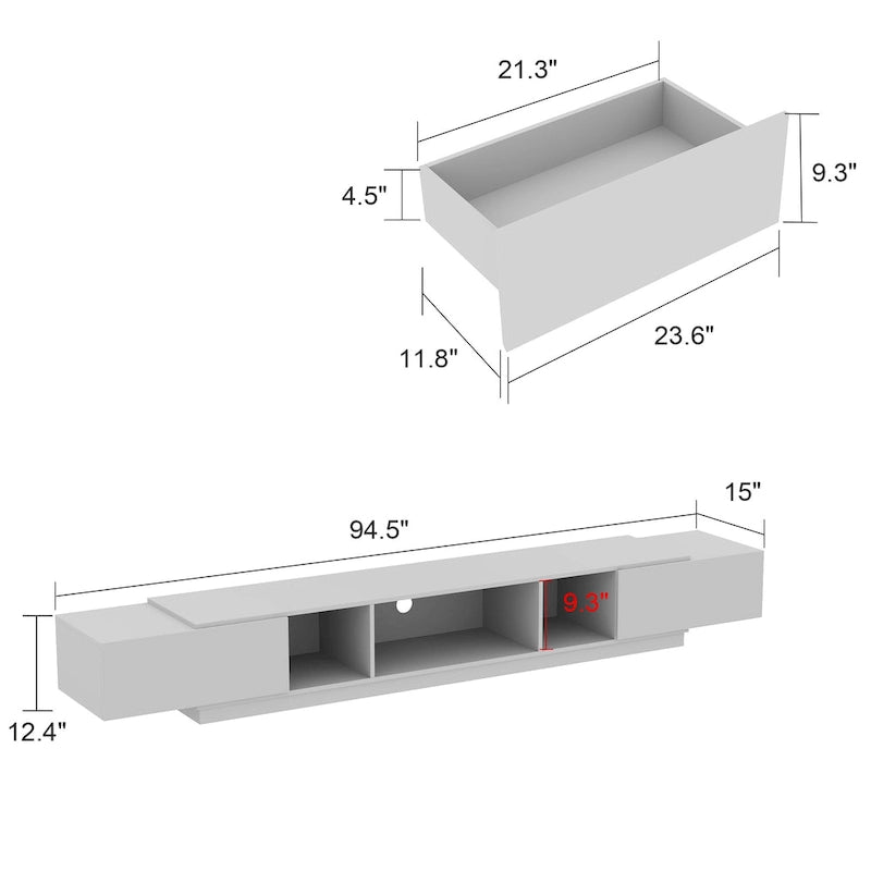 Mobile TV lucido da 94,5 pollici con 2 cassetti, 3 vani portaoggetti e gestione dei cavi