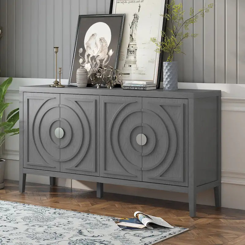 Retro 4-Door Sideboard Cabinet with Circular Groove Design