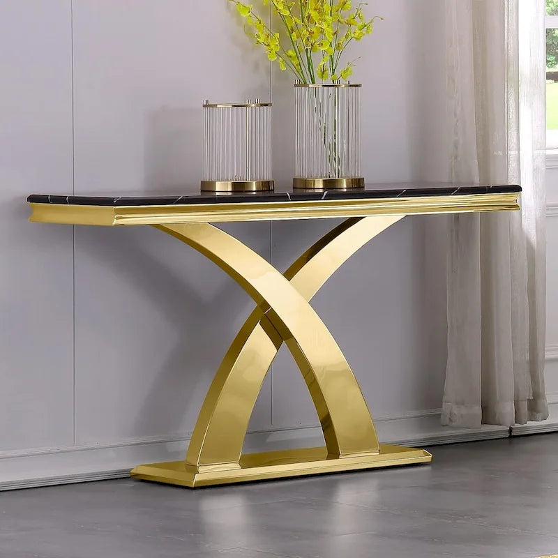50-Inch Console Table with Double X Stainless Steel Base & High-Gloss Textured Top