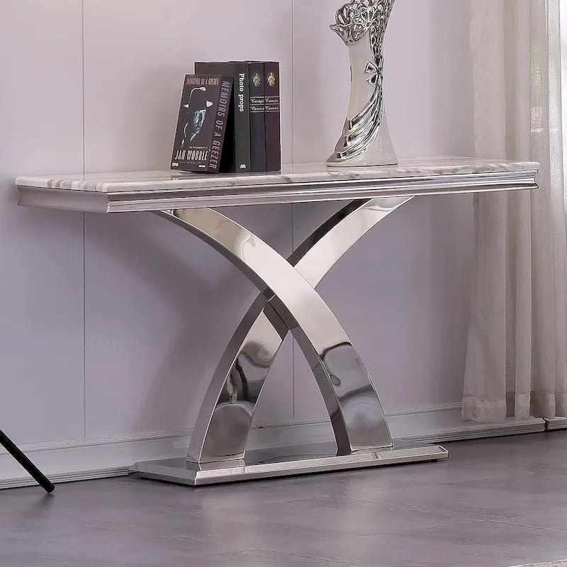 50-Inch Console Table with Double X Stainless Steel Base & High-Gloss Textured Top