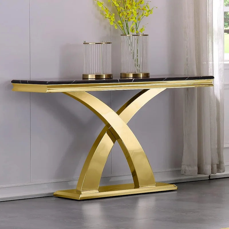 50-Inch Console Table with Double X Stainless Steel Base & High-Gloss Textured Top