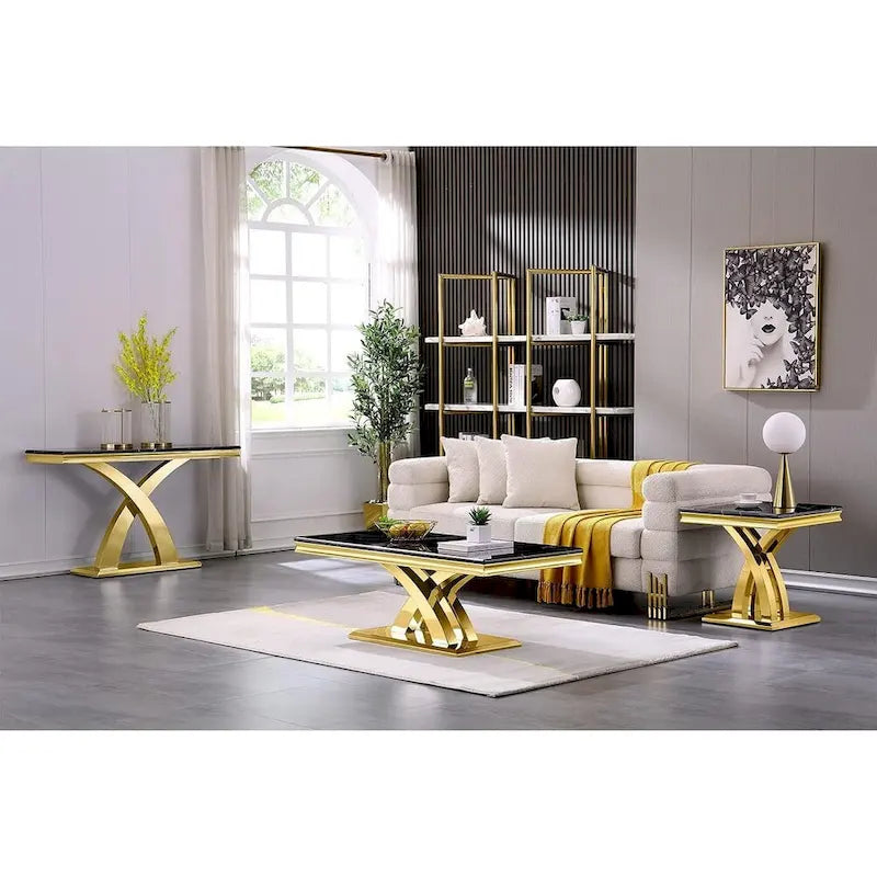 50-Inch Console Table with Double X Stainless Steel Base & High-Gloss Textured Top