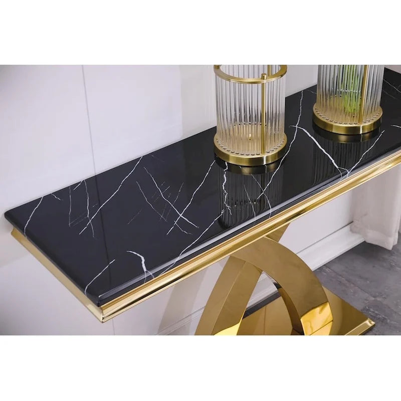 50-Inch Console Table with Double X Stainless Steel Base & High-Gloss Textured Top