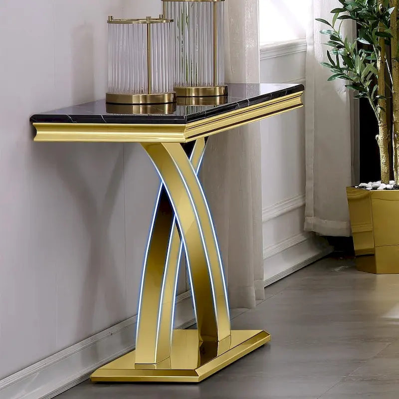 50-Inch Console Table with Double X Stainless Steel Base & High-Gloss Textured Top