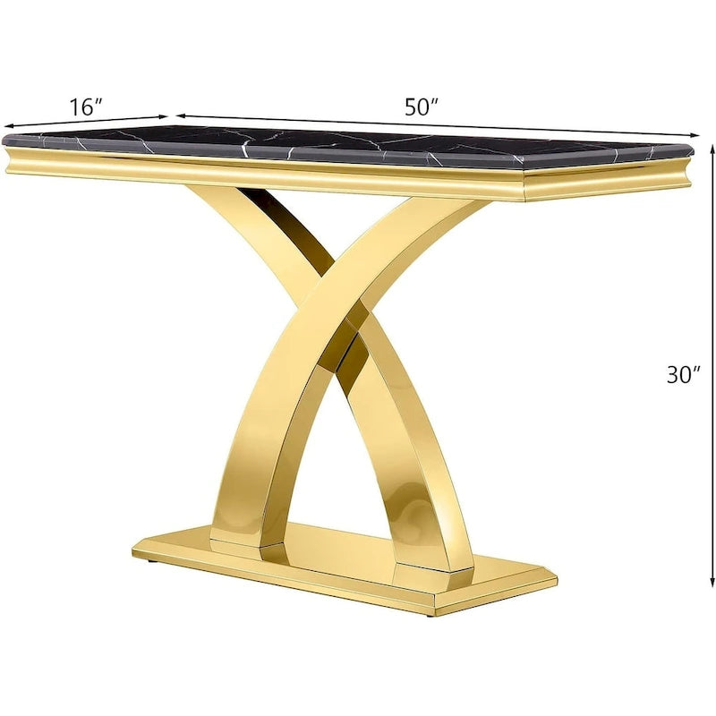 50-Inch Console Table with Double X Stainless Steel Base & High-Gloss Textured Top