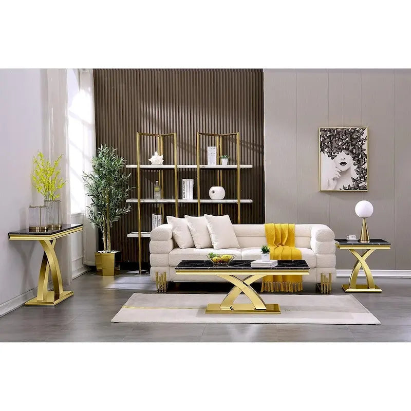 50-Inch Console Table with Double X Stainless Steel Base & High-Gloss Textured Top