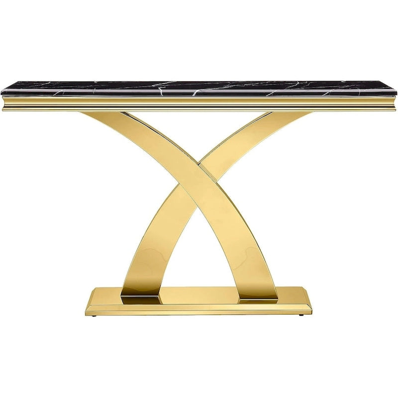 50-Inch Console Table with Double X Stainless Steel Base & High-Gloss Textured Top