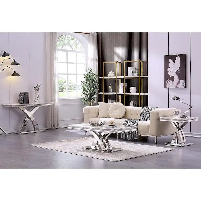 50-Inch Console Table with Double X Stainless Steel Base & High-Gloss Textured Top