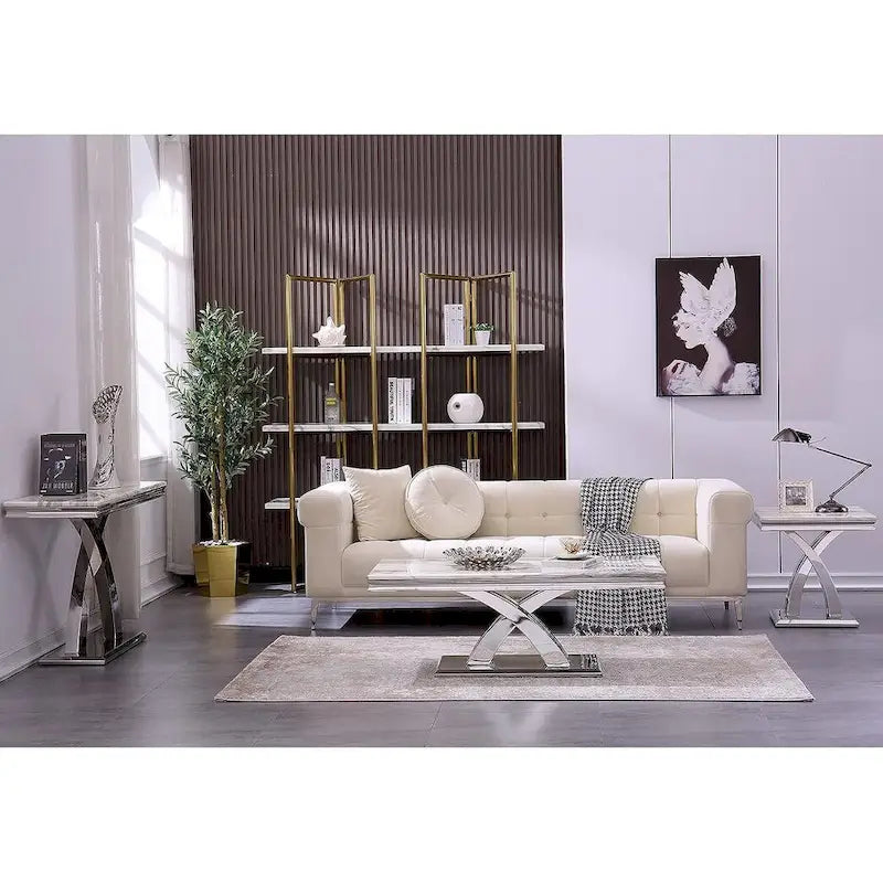 50-Inch Console Table with Double X Stainless Steel Base & High-Gloss Textured Top