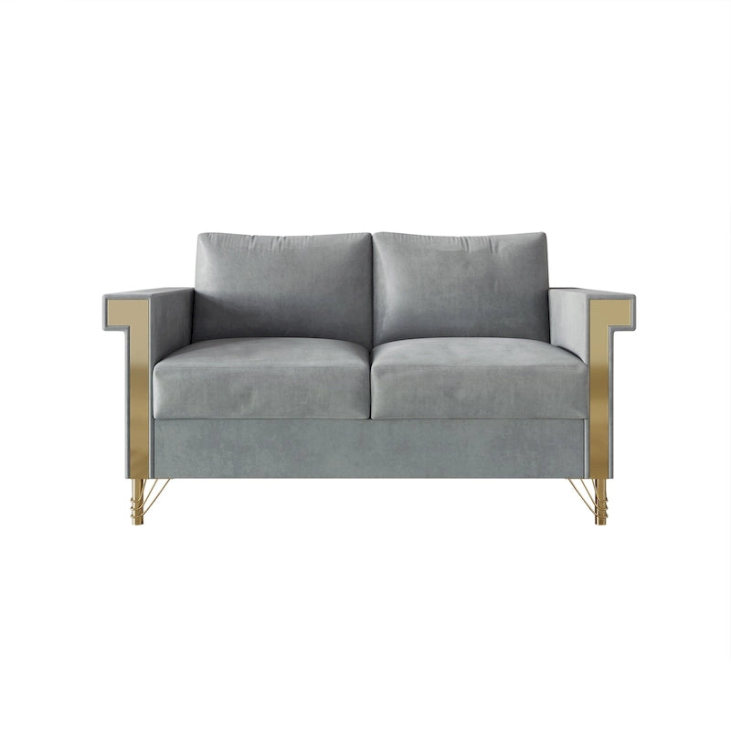 Velvet Upholstered Loveseat with Gold Acrylic Armrests & Metal Legs