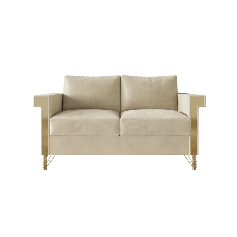 Velvet Upholstered Loveseat with Gold Acrylic Armrests & Metal Legs