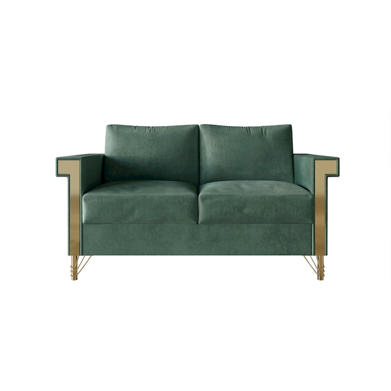 Velvet Upholstered Loveseat with Gold Acrylic Armrests & Metal Legs