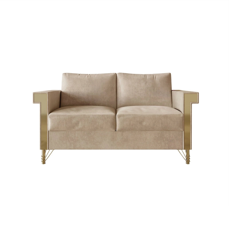 Velvet Upholstered Loveseat with Gold Acrylic Armrests & Metal Legs