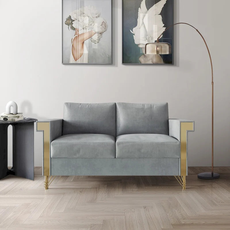 Velvet Upholstered Loveseat with Gold Acrylic Armrests & Metal Legs