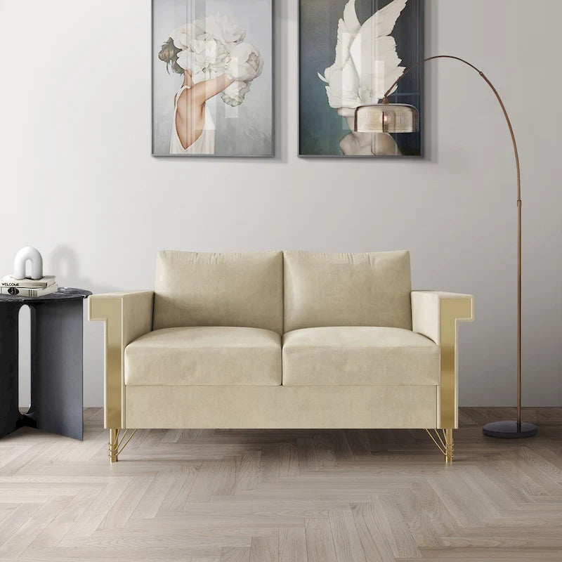 Velvet Upholstered Loveseat with Gold Acrylic Armrests & Metal Legs