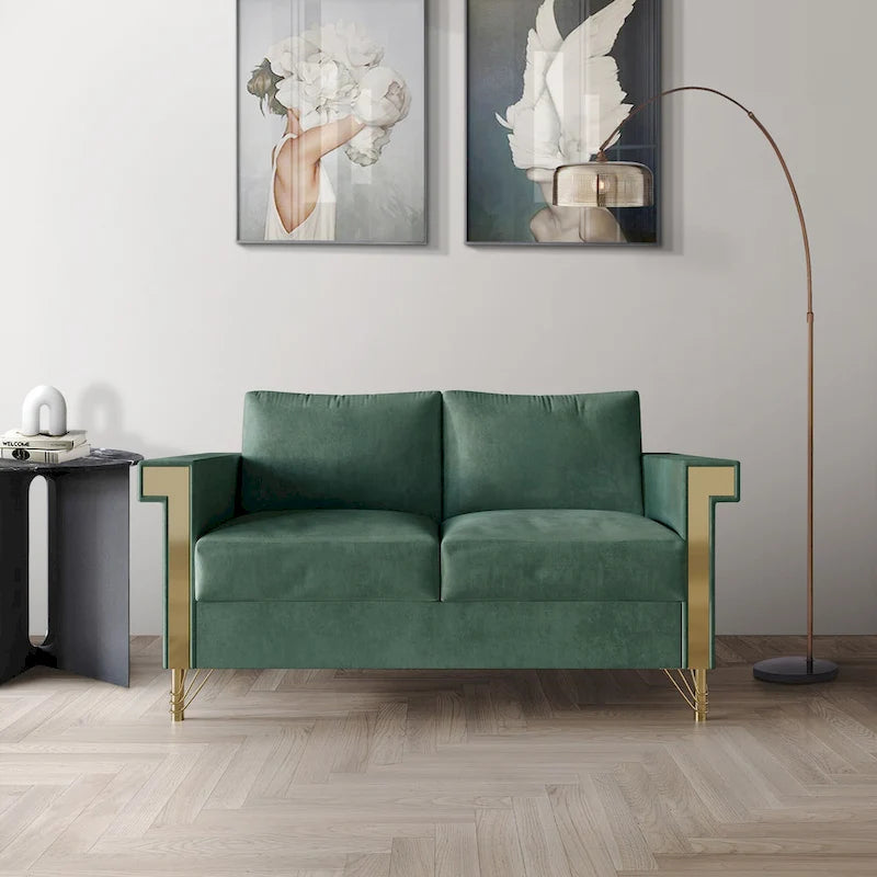 Velvet Upholstered Loveseat with Gold Acrylic Armrests & Metal Legs