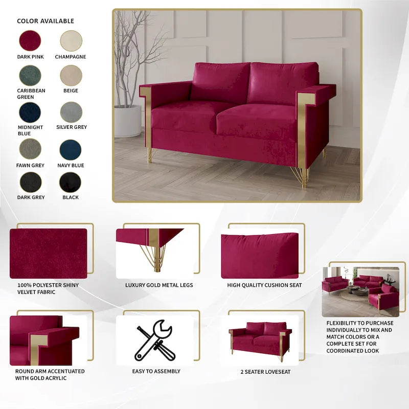 Dwuosobowa sofa tapicerowana aksamitem ze złotymi akrylowymi podłokietnikami i metalowymi nogami
